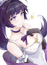 Rule 34 | 1girl, bare shoulders, black gloves, bow, breasts, choker, cleavage, closed mouth, dress, earrings, elbow gloves, gloves, highres, honkai (series), honkai impact 3rd, jewelry, long hair, looking at viewer, ponytail, purple bow, purple choker, purple eyes, purple hair, raiden mei, ryouya (ryoya), simple background, sleeveless, sleeveless dress, smile, star (symbol), white background, white dress