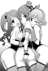 Rule 34 | 10s, 3girls, ;d, arm grab, ass, blush, bottomless, covering privates, covering ass, from behind, girl sandwich, hair ornament, hat, highres, honda mio, idolmaster, idolmaster cinderella girls, long hair, monochrome, multiple girls, new generations, one eye closed, open mouth, plaid headwear, sandwiched, shibuya rin, shimamura uzuki, short hair, side ponytail, smile, t-hiko, wink, wristband