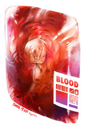 Rule 34 | 1girl, blood, blood bag, breasts, dated, female focus, highres, hogara, in container, mini person, minigirl, monster girl, original, signature, simple background, slime girl, solo, white background