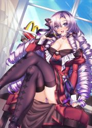 Rule 34 | 1girl, bare shoulders, black gloves, blush, breasts, cameltoe, cleavage, crossed legs, dress, drill hair, gloves, hair ribbon, hairband, highres, huge breasts, hyakumantenbara salome, hyakumantenbara salome (1st costume), large breasts, light purple hair, long hair, long sleeves, looking at viewer, mcdonald&#039;s, nijisanji, off shoulder, open mouth, panties, panty peek, parted bangs, purple eyes, purple hair, red dress, ribbon, shirokuma a, smile, solo, thick thighs, thighhighs, thighs, underwear, virtual youtuber