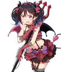 Rule 34 | 10s, 1girl, black hair, bow, demon girl, demon horns, demon tail, demon wings, garter straps, gloves, hair bow, horns, long hair, love live!, love live! school idol festival, love live! school idol project, polearm, red eyes, simple background, skull573, solo, tail, thighhighs, tiara, trident, twintails, weapon, wings, yazawa nico