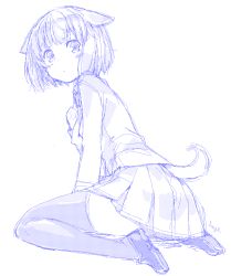 Rule 34 | 1girl, animal ears, blush, dog ears, dog tail, female focus, full body, hage, hand on own chest, loafers, looking at viewer, monochrome, oekaki, original, pleated skirt, purple theme, school uniform, shoes, short hair, sitting, skirt, solo, tail, thighhighs, wariza, white background