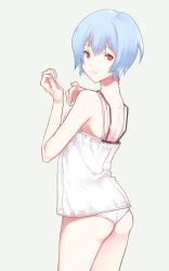 Rule 34 | 1girl, ass, ayanami rei, back, blue hair, blue nails, bra, breasts, camisole, closed mouth, commentary, cowboy shot, from behind, grey background, highres, light smile, lingerie, looking at viewer, looking back, nail polish, neon genesis evangelion, panties, red eyes, see-through, short hair, simple background, small breasts, solo, standing, umiu (hoge), underwear, underwear only, wedgie, white bra, white panties