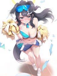 Rule 34 | 1girl, absurdres, animal ears, arms up, bare shoulders, blue archive, blush, breasts, cheerleader, cleavage, confetti, dog ears, dog girl, dog tail, eyewear on head, goggles, goggles on head, halo, hibiki (blue archive), hibiki (cheer squad) (blue archive), highres, holding, holding pom poms, long hair, looking at viewer, medium breasts, millennium cheerleader outfit (blue archive), navel, official alternate costume, pom pom (cheerleading), pom poms, rable, solo, sticker on arm, sticker on face, tail, yellow halo
