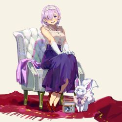 Rule 34 | 1girl, alternate costume, animal, ankle strap, bare shoulders, breasts, carpet, chair, collared shirt, creature, earrings, fate/grand order, fate (series), fou (fate), frilled shirt, frills, gloves, hair between eyes, hair over one eye, high heels, highres, jewelry, long skirt, looking at viewer, mash kyrielight, medium breasts, necklace, open mouth, pearl necklace, pumps, purple eyes, purple hair, purple skirt, red footwear, shirt, shirt tucked in, shoes, short hair, simple background, sitting, skirt, sleeveless, sleeveless shirt, smile, solo, stiletto heels, strappy heels, tamomoko, white background, white gloves, white shirt