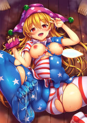 Rule 34 | 1girl, american flag dress, american flag legwear, blonde hair, blush, bottle, breasts, breasts out, clownpiece, cum, cum on body, cum on lower body, dress, fairy wings, feet, hat, highres, jester cap, long hair, looking at viewer, lotion, lying, nipples, no bra, no shoes, on back, on ground, open mouth, pantyhose, red eyes, short dress, smile, soles, solo, spread legs, striped clothes, striped dress, suggestive fluid, sweat, thighhighs, toe scrunch, toes, torn clothes, torn dress, torn legwear, touhou, v, very long hair, wings, yuki usagi (snowcanvas)