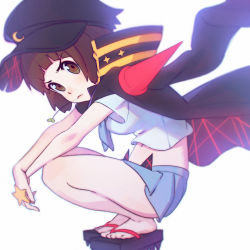 Rule 34 | &gt;:(, 1girl, banchou, blue skirt, blunt bangs, bob cut, breasts, clover, commentary request, crescent, crescent hat ornament, crescent pin, delinquent, four-leaf clover, frown, hat, hat ornament, ilya kuvshinov, jacket, jacket on shoulders, kill la kill, long sleeves, looking at viewer, mankanshoku mako, medium breasts, mouth hold, photoshop (medium), pleated skirt, sandals, school uniform, serafuku, short hair, short sleeves, simple background, skirt, solo, spikes, spoilers, squatting, star (symbol), v-shaped eyebrows, v arms, white background, wind