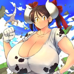 Rule 34 | 1boy, 1girl, animal print, breasts, brown hair, cleavage, collarbone, cow girl, cow horns, cow print, covered erect nipples, giant, giantess, gigantic breasts, hataraki ari, highres, horns, original, outdoors, shirt, solo focus, sukimi, taut clothes, taut shirt, twintails, upper body, yellow eyes