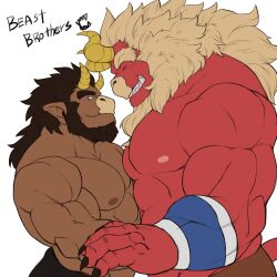 Rule 34 | 2boys, abs, bara, beard, black nails, blank eyes, body fur, brothers, colored skin, curled horns, dark-skinned male, dark skin, demon boy, demon horns, facial hair, from side, furry, furry male, gardie (otsukimi), grin, height difference, highres, horns, huge eyebrows, infel (otsukimi), jewelry, large hands, large pectorals, lion hair, long hair, male focus, mature male, multiple boys, muscular, muscular male, necklace, nipples, original, otsukimi, pectoral docking, pectoral press, pectorals, red skin, siblings, size difference, smile, stomach, thick eyebrows, topless male, tusks