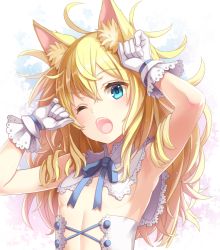 Rule 34 | 1girl, animal ears, arm ribbon, armpits, arms up, bare arms, blonde hair, blue eyes, capelet, cat ears, corset, flat chest, gloves, highres, k do, long hair, one eye closed, open mouth, original, ribbon, solo, tears, white gloves, wink, yawning