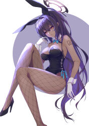 Rule 34 | 1girl, absurdres, animal ears, black footwear, black leotard, blue archive, blue bow, blue bowtie, bow, bowtie, breasts, brown eyes, cleavage, commentary, curvy, danxing aipangzi, dark-skinned female, dark skin, detached collar, expressionless, fake animal ears, fishnet pantyhose, fishnets, gloves, hair between eyes, halo, high ponytail, highleg, highleg leotard, highres, karin (blue archive), legs, leotard, long hair, looking at viewer, medium breasts, official alternate costume, pantyhose, playboy bunny, ponytail, purple hair, purple halo, rabbit ears, shiny skin, shoes, solo, thong leotard, very long hair, white gloves, wide hips