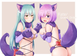 Rule 34 | 2girls, :|, absurdres, alternate costume, animal ears, arapi, ass, assisted exposure, black panties, blush, bow, bra, unworn bra, breast hold, breasts, cleavage, closed mouth, commentary, copyright name, cosplay, covering privates, covering breasts, elbow gloves, eyebrows, fate/grand order, fate (series), fur-trimmed gloves, fur collar, fur trim, gloves, green hair, hair ornament, hair over one eye, halloween, halloween costume, highres, kiyohime (fate), large breasts, long hair, looking at viewer, looking back, mash kyrielight, mash kyrielight (dangerous beast), mash kyrielight (dangerous beast) (cosplay), matching outfits, multiple girls, navel, official alternate costume, open mouth, panties, pasties, pink bow, purple eyes, purple gloves, purple hair, revealing clothes, shielder (fate/grand order), shielder (fate/grand order) (cosplay), short hair, simple background, stomach, surprised, tail, thong, underwear, wavy mouth, wolf ears, wolf tail, yellow eyes