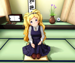 Rule 34 | 1girl, artist request, bad id, bad pixiv id, blonde hair, blush, commentary request, emily stewart, highres, idolmaster, idolmaster million live!, indoors, long hair, looking at viewer, necktie, purple eyes, seiza, sitting, smile, solo, tatami, twintails