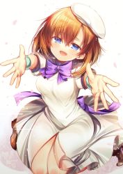 Rule 34 | 1girl, :d, back bow, blue eyes, bow, brown footwear, brown hair, chi no, dress, front slit, hair between eyes, half-closed eyes, hat, higurashi no naku koro ni, long dress, long hair, looking at viewer, open mouth, outstretched arms, outstretched hand, petals, purple bow, purple neckwear, ryuuguu rena, shiny skin, short sleeves, smile, solo, white background, white dress, white hat, wristband