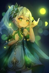 Rule 34 | 1girl, blurry, blush, bokeh, closed mouth, cowboy shot, depth of field, dress, elun (elun 00), genshin impact, glowing, green eyes, hair ornament, hand on own chest, hand up, highres, index finger raised, leaf hair ornament, light blush, looking at viewer, medium hair, nahida (genshin impact), pointy ears, ponytail, smile, solo, white dress, white hair