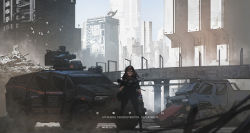Rule 34 | 1girl, absurdres, assault rifle, bag, battlefield, black gloves, black pants, black soldier, brown hair, building, car, chinese commentary, city, commentary request, day, english text, gatling gun, gloves, gun, highres, holding, holding gun, holding weapon, huge filesize, medium hair, military, military uniform, military vehicle, motor vehicle, original, outdoors, pants, pouch, rifle, rubble, science fiction, sky, skyscraper, solo, standing, uniform, visor, weapon