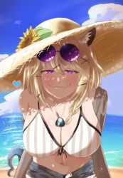 Rule 34 | 1girl, :3, animal ears, arknights, asunoyousu, beach, breasts, collarbone, eyewear on head, fang, fang out, flower, hair ornament, hairclip, hat, highres, large breasts, looking at viewer, navel, ocean, pov, purple eyes, skin fang, smug, straw hat, sunflower, sunglasses, sweat, tail, upper body, utage (arknights), utage (summer flowers) (arknights), x hair ornament