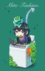 Rule 34 | 1girl, :&gt;, black hair, blazer, blue eyes, bow, bowtie, breasts, bright pupils, bug, centipede, chaki (teasets), character name, clover, commentary request, computer, food, green background, half-closed eyes, ice cream, in container, jacket, laptop, long hair, long sleeves, looking at viewer, mouth hold, nijisanji, pink bow, pink bowtie, single scoop, small breasts, solo, top-load washing machine, tsukino mito, tsukino mito (1st costume), v-neck, virtual youtuber, washing machine, wet, wet clothes, wet hair, white pupils