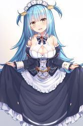 Rule 34 | 1girl, azur lane, bare shoulders, blue hair, blunt bangs, breasts, cleavage, clothes lift, commentary request, commission, dress, dress lift, gradient background, grey background, hair ornament, highres, kon (k0n16), large breasts, lifted by self, long hair, looking at viewer, maid headdress, neptune (azur lane), open mouth, shell hair ornament, skeb commission, smile, solo, two side up, yellow eyes
