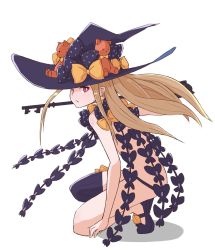 Rule 34 | 1girl, abigail williams (fate), abigail williams (second ascension) (fate), back, bare shoulders, blonde hair, fate/grand order, fate (series), hat, highres, holding, key, kneeling, kopaka (karda nui), long hair, looking at viewer, mary janes, purple thighhighs, red eyes, revealing clothes, shoes, single thighhigh, solo, thighhighs, witch hat