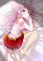 Rule 34 | 1girl, bed sheet, blush, breasts, brown thighhighs, cafe-chan to break time, character request, commentary request, full body, hands up, highres, knees up, lace, lace-trimmed skirt, lace trim, long hair, lying, medium breasts, nail polish, no shoes, on side, own hands together, pink nails, plaid, plaid skirt, pleated skirt, porurin, purple eyes, purple hair, red skirt, shirt, short sleeves, skirt, solo, thighhighs, very long hair, white headwear, white shirt