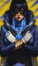 Rule 34 | 1girl, belt, black hair, blue coat, blue eyes, blue hair, blue necktie, blue shirt, cape, closed mouth, coat, dated, dual wielding, fur collar, gloves, gun, handgun, highres, holding, holding gun, holding weapon, hololive, hololive english, lips, long bangs, long hair, long sleeves, looking at viewer, multicolored hair, necktie, ouro kronii, ouro kronii (4th costume), red lips, shirt, solo, steb, straight-on, sunglasses, tinted eyewear, two-tone hair, upper body, virtual youtuber, weapon, white cape, white gloves, wing collar, x arms, yellow-framed eyewear, yellow-tinted eyewear