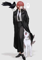 Rule 34 | 1girl, @ @, animal, animal on shoulder, bird, black coat, black footwear, black necktie, braid, chainsaw man, coat, crow, dog, formal, full body, happa mochii, highres, husky, makima (chainsaw man), mouse (animal), necktie, open mouth, red hair, ringed eyes, shirt, simple background, solo, speech bubble, standing, white shirt