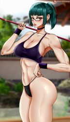 Rule 34 | 1girl, abs, absurdres, ass, bikini, black bikini, breasts, cleavage, glasses, green hair, hands on own hips, highres, huge ass, jujutsu kaisen, large breasts, micro bikini, muscular, muscular female, over shoulder, ponytail, solo, swimsuit, weapon, weapon over shoulder, zen&#039;in maki, zenin maki