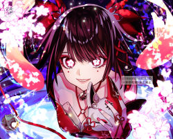 Rule 34 | 1girl, bare shoulders, black hair, commentary request, criss-cross halter, eyeshadow, facial mark, fox mask, grin, halterneck, highres, holding, holding mask, honkai: star rail, honkai (series), long hair, looking at viewer, makeup, mask, nail polish, pink eyes, pink lips, red nails, smile, solo, sparkle (honkai: star rail), sushi umi, twintails, upper body