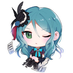 Rule 34 | 1girl, aqua hair, arm warmers, bang dream!, black feathers, black flower, black footwear, black ribbon, blue flower, blue ribbon, boots, brooch, chibi, feather hair ornament, feathers, flower, green eyes, hair flower, hair ornament, hikawa sayo, jewelry, knee boots, kongya, crossed legs, long hair, looking at viewer, neck ribbon, one eye closed, red feathers, ribbon, sheet music, simple background, sitting, solo, white background