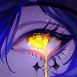 Rule 34 | 1girl, blue hair, chinese commentary, chromatic aberration, close-up, commentary request, dripping, dripping eye, eye focus, eyelashes, glowing, glowing eyes, highres, original, painterly, signature, solo, yellow eyes, yousu855