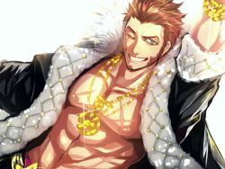 Rule 34 | 1boy, abs, alternate costume, bara, beard, blue eyes, blush, bracelet, brown hair, cosplay, costume switch, facial hair, fate/grand order, fate (series), highres, jacket, jacket on shoulders, jewelry, long sideburns, long sleeves, looking at viewer, male focus, muscular, napoleon bonaparte (fate), necklace, nipples, one eye closed, open clothes, pants, pectorals, sakata kintoki (fate), scar, simple background, smile, solo, zuman (zmnjo1440)