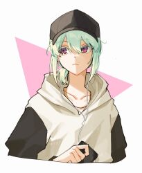 Rule 34 | 1boy, androgynous, black hat, closed mouth, earphones, green hair, hair between eyes, hat, holding, hood, hood down, hoodie, korean commentary, lio fotia, long sleeves, low ponytail, male focus, ponytail, prmattotia, promare, purple eyes, short ponytail, simple background, solo, trap, two-tone background, upper body