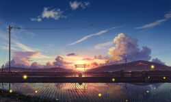 Rule 34 | absurdres, bird, city lights, cloud, commentary request, field, fireflies, gradient sky, grass, highres, hill, industrial pipe, mountain, no humans, original, outdoors, pei (sumurai), power lines, reflection, reflective water, rice paddy, scenery, shack, shrine, signature, sky, sun, sunset, torii, tree, twilight, utility pole, water