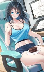Rule 34 | 1girl, absurdres, bare arms, bare shoulders, black hair, blue eyes, blue shirt, blush, breasts, cake, cake slice, chair, closed mouth, collarbone, drawing tablet, food, hair between eyes, highres, large breasts, medium hair, navel, original, plate, rynzfrancis, shirt, short shorts, shorts, sitting, sleeveless, solo, thighs