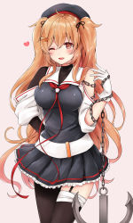 Rule 34 | 1girl, anchor, asymmetrical clothes, bandages, beret, black serafuku, blush, bodysuit, breasts, chain, gloves, hair between eyes, hair flaps, hair ornament, hair ribbon, hairclip, hat, heart, highres, kantai collection, light brown hair, long hair, looking at viewer, medium breasts, murasame (kancolle), nanashiki fuuka, one eye closed, open mouth, pantyhose, pink background, pleated skirt, red eyes, red neckwear, ribbon, school uniform, serafuku, simple background, single thighhigh, skirt, solo, thighhighs, two side up, very long hair