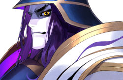 Rule 34 | 1boy, armor, colored skin, fate/grand order, fate (series), frown, grimace, helmet, imagawa yoshimoto (fate), japanese armor, long hair, looking at viewer, male focus, nakuta, portrait, purple hair, shaded face, sideways glance, solo, v-shaped eyebrows, white skin, yellow eyes