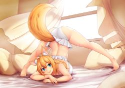 Rule 34 | 1girl, animal ears, ass, blonde hair, blue eyes, blush, bra, character request, curtains, dlsite.com, erkaz, fox ears, fox girl, fox tail, full body, hands on ground, highres, jack-o&#039; challenge, long hair, nail polish, panties, pillow, red nails, smile, solo, spread legs, tail, top-down bottom-up, underwear, underwear only, white bra, white panties, wide spread legs, window