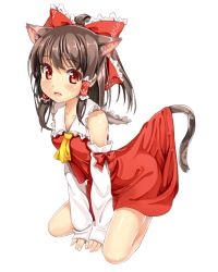 Rule 34 | 1girl, animal ears, ascot, bad id, bad pixiv id, blush, bow, brown hair, cat ears, cat girl, cat tail, clothes lift, collarbone, detached sleeves, fang, female focus, hair bow, hair tubes, hakurei reimu, japanese clothes, kantoku (style), kemonomimi mode, looking at viewer, miko, mx2j, open m/, open mouth, red eyes, short hair, simple background, sitting, skirt, skirt lift, solo, tail, touhou, v arms, white background, white legwear
