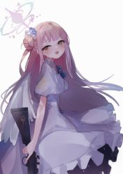 Rule 34 | 1girl, angel wings, badge, blue archive, blue bow, blue bowtie, blush, bow, bowtie, button badge, capelet, cowboy shot, crying, crying with eyes open, dress, epi zero, flower, frilled dress, frills, gun, hair bun, hair flower, hair ornament, halo, highres, holding, holding gun, holding weapon, long hair, looking at viewer, mika (blue archive), open mouth, pink hair, simple background, single side bun, solo, submachine gun, tears, weapon, white background, white capelet, white dress, white wings, wings, yellow eyes