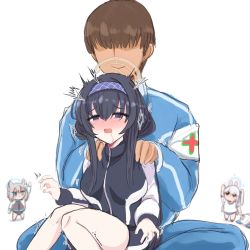 Rule 34 | 1boy, 4girls, blue archive, highres, miyako (blue archive), multiple girls, sensei (blue archive), shiming liangjing, shiroko (blue archive), sitting, sitting on person, twitter, ui (blue archive), white background