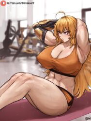 Rule 34 | 1girl, abs, ahoge, armpits, artist name, batako (batakoart), blonde hair, breasts, cleavage, curvy, exercising, gym, highres, large breasts, long hair, mechanical arms, midriff, muscular, muscular female, navel, orange shorts, orange sports bra, purple eyes, rwby, shorts, signature, single mechanical arm, sit-up, solo, sports bra, sweat, thick thighs, thighs, yang xiao long