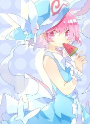 Rule 34 | 1girl, blue dress, blue hair, bow, bowtie, bug, butterfly, butterfly hat ornament, commentary, dress, food, food in mouth, frilled dress, frills, fruit, ghost, hat, hat ornament, highres, holding, insect, looking at viewer, nikorashi-ka, pink eyes, pink hair, popsicle, popsicle in mouth, saigyouji yuyuko, short hair, sleeveless, solo, touhou, triangular headpiece, waist bow, watermelon, white bow, white butterfly, wrist cuffs