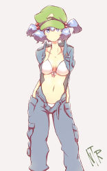 Rule 34 | 1girl, bad id, bad pixiv id, bikini, bikini under clothes, blue eyes, blue hair, blue pants, bra, breasts, cargo pants, cleavage, collarbone, cowboy shot, front-tie bikini top, front-tie top, green hat, grey background, hair bobbles, hair ornament, hands in pockets, hat, highres, jumpsuit, kawashiro nitori, looking at viewer, medium breasts, midriff, navel, non (z-art), open clothes, open shirt, panties, pants, panty peek, short hair, short twintails, simple background, solo, standing, swimsuit, swimsuit under clothes, touhou, twintails, underwear, white bikini, white bra, white panties