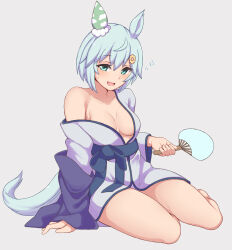Rule 34 | 1girl, absurdres, alternate costume, animal ears, bare legs, blue eyes, blush, breasts, cleavage, collarbone, commentary request, grey hair, hair ornament, hakutaqanta, highres, horse ears, horse tail, looking at viewer, medium breasts, seiun sky (umamusume), simple background, sitting, solo, sweat, tail, thighs, umamusume, white background