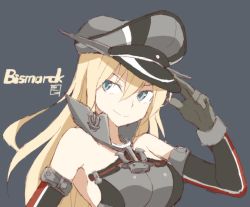 Rule 34 | 10s, 1girl, bad id, bad twitter id, bare shoulders, bismarck (kancolle), black gloves, blonde hair, blue eyes, breasts, character name, detached sleeves, gloves, hand on headwear, hat, kantai collection, large breasts, long hair, military, military uniform, peaked cap, shigino sohuzi, sideboob, smile, solo, uniform