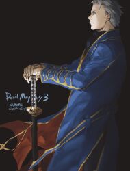 Rule 34 | 1boy, amatuki, black gloves, blue coat, blue eyes, closed mouth, coat, devil may cry, devil may cry (series), devil may cry 3, fingerless gloves, gloves, hair slicked back, highres, holding, holding sword, holding weapon, katana, male focus, solo, sword, vergil (devil may cry), weapon, white hair, yamato (sword)