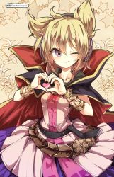 Rule 34 | 1girl, artist collaboration, bad id, bad pixiv id, belt, blonde hair, blush, cape, cis (carcharias), colorized, earmuffs, headphones, heart, heart hands, one eye closed, purple eyes, short hair, skirt, smile, solo, teru (kazanawa), touhou, toyosatomimi no miko, wink