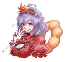 Rule 34 | 1girl, commentary request, doughnut, flying sweatdrops, food, hair ornament, highres, hoshibuchi, jewelry, layered sleeves, long sleeves, looking at viewer, mirror, necklace, portrait, puffy short sleeves, puffy sleeves, purple hair, red eyes, short over long sleeves, short sleeves, smile, solo, touhou, v, yasaka kanako