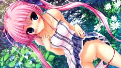 Rule 34 | 1girl, benifuzi yuria, blue eyes, blush, breasts, cleft of venus, clothes lift, from above, game cg, groin, hair ornament, hair ribbon, long hair, looking at viewer, oshiki hitoshi, panties, panties around leg, panty pull, pink hair, public indecency, public nudity, pussy, ribbon, sakigake generation!, skirt, skirt lift, solo, thighs, twintails, uncensored, underwear, very long hair